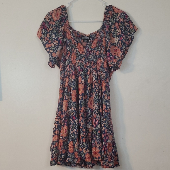 Angie Floral BoHo Smocked Mini Dress Size XL V-neck Flutter Sleeve - Picture 1 of 11